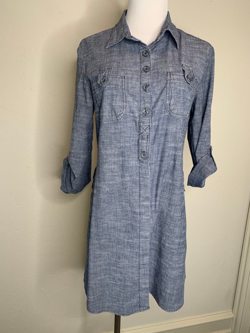fei Chambray Denim Shirt Long Tunic Sz Large Preppy Casual Western